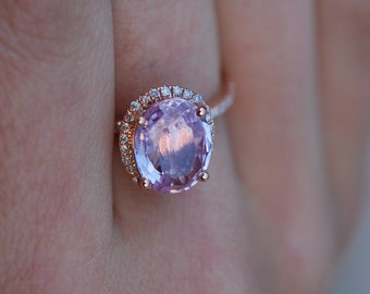 Oval engagement ring with peach sapphire rose gold engagement ring 14k diamond 2.94ct Oval raspberry peach champagne sapphire