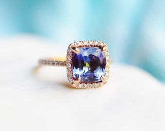 Tanzanite engagement Ring. Rose Gold Engagement Ring Violet Blue Tanzanite cushion cut halo engagement ring 14k rose gold ring