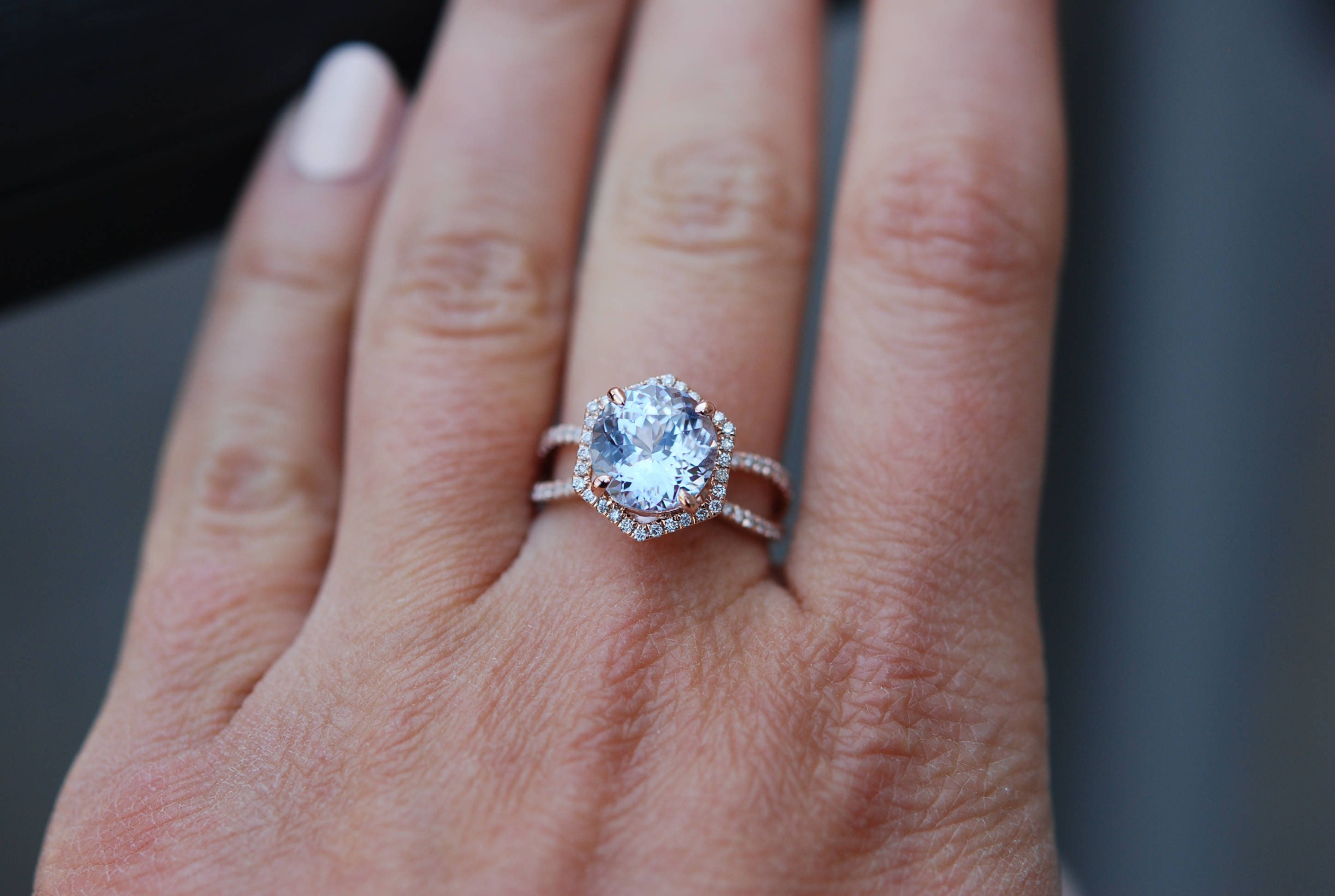 Hexagon Engagement Ring White to Ice blue Sapphire Ring Hexagon Engagement Ring White to Ice blue Sapphire Ring