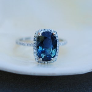 White Gold Engagement Ring 4.02ct Blue Green Sapphire cushion halo engagement ring 14k white gold.