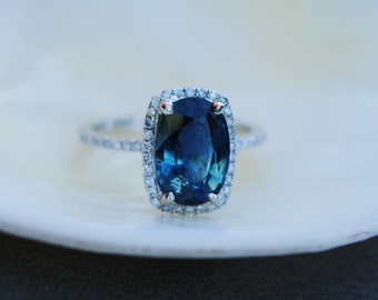 White Gold Engagement Ring 4.02ct Blue Green Sapphire cushion halo engagement ring 14k white gold.