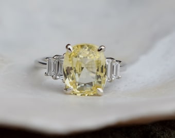 Lemon Ice Sapphire Engagement Ring. Yellow sapphire ring. White gold diamond ring. Cushion cut. Tapered diamond ring by Eidelprecious