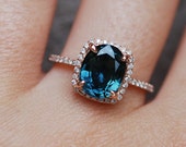 reserved down payment- Blue Green sapphire engagement ring. Peacock sapphire 3.26ct cushion halo diamond  ring 14k Rose gold.