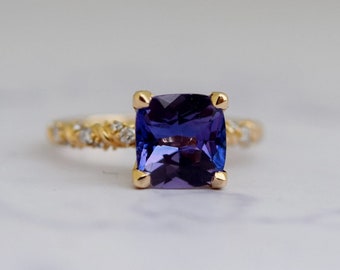 Periwinkle sapphire engagement ring. Unique Twisted band. Cushion cut, purple violet blue sapphire diamond engagement ring in yellow gold
