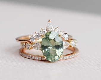 Light Green Sapphire Ring. Lime green Sapphire and Diamond engagement Ring. 14k yellow gold engagement ring by Eidelprecious