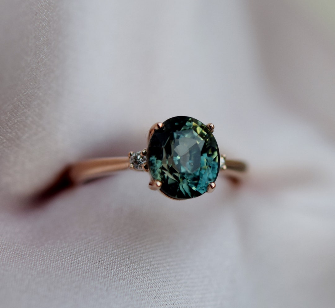 3 Stone Green Sapphire Ring. Engagement Ring. Rose Gold Engagement Ring