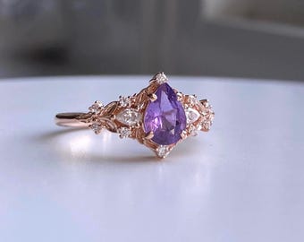 Greta Purple Sapphire Elvish Engagement Rose Ring Gold. Unique Fantasy moissanite ring. Cornflower blue sapphire 14k rose gold ri