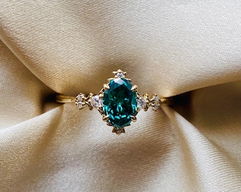 Elvira green moissanite ring gold. Deep teal  sapphire Fantasy ring. Whimsical 14k gold engagement ring. Enchanted sapphire diamond ring