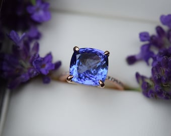 7 ct Tanzanite Ring. Rose Gold Engagement Ring Lavender Blue Tanzanite cushion cut engagement ring 14k rose gold ring by Eidelprecious.