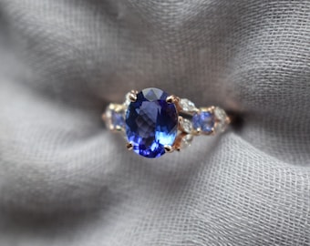 AIG Tanzanite engagement ring in 14k Rose Gold.  Cluster ring. Blue tanzanite and diamond Ring. Eidelprecious ring. Ready to ship