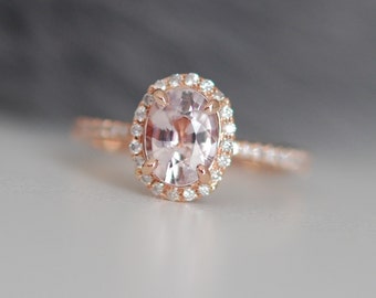 Rose gold engagement ring. Peach sapphire diamond ring. 14k rose gold oval sapphire ring. Engagement rings by Eidelprecious.