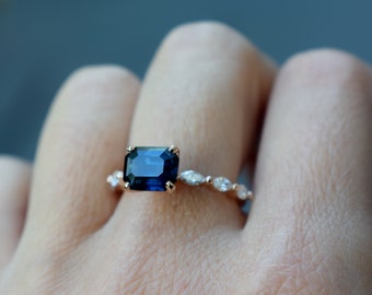 East West Peacock sapphire engagement ring. Godivah ring rose Gold Engagement Ring. One of a kind ring. Sapphire Emerald ring Eidelprecious