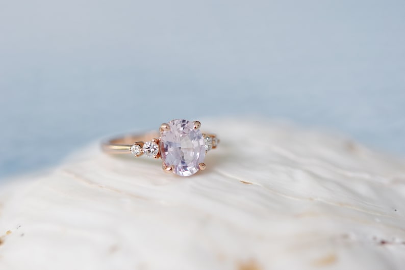 Classic engagement ring, Lavender Peach Sapphire Engagement Ring. Oval cut engagement ring in 14k rose gold by Eidelprecious image 9