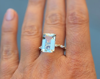 Aquamarine Ring 14k white Gold Ring 5.43ct Seafoam Green Blue emerald cut aquamarine engagement ring Eidelprecious Godivah design