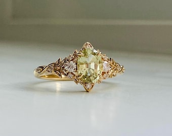 Eowen Fantasy Inspired Lemongrass Sapphire Diamond Engagement Ring. Unique Elvish engagement ring for romantic bride