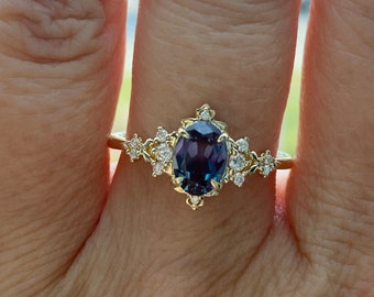 Alexandrite ring gold Enchanted forest sapphire engagement ring. Vintage filigree ring. Engagement Ring. Moissanite gold ring