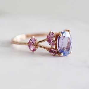 Butterfly meadow tanzanite sapphire engagement ring in 14k rose Gold. Cluster Engagement ring. Pink and Purple Ring by Eidelprecious.