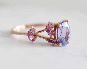 Butterfly meadow tanzanite sapphire engagement ring in 14k rose Gold. Cluster Engagement ring. Pink and Purple Ring by Eidelprecious.