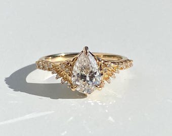 Aletta-1 Angel Wing Engagement Ring: Pear Lab Diamond, 14k Gold Bird Design