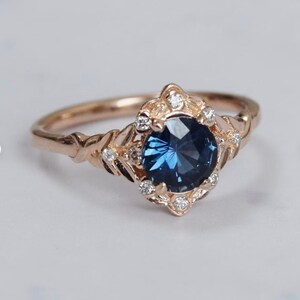 Vintage inspired Blue Sapphire Engagement Ring Round Sapphire Ring 14k Rose Gold, Multi Stone Ring Unique Sapphire Ring Elegant Vintage Ring image 2