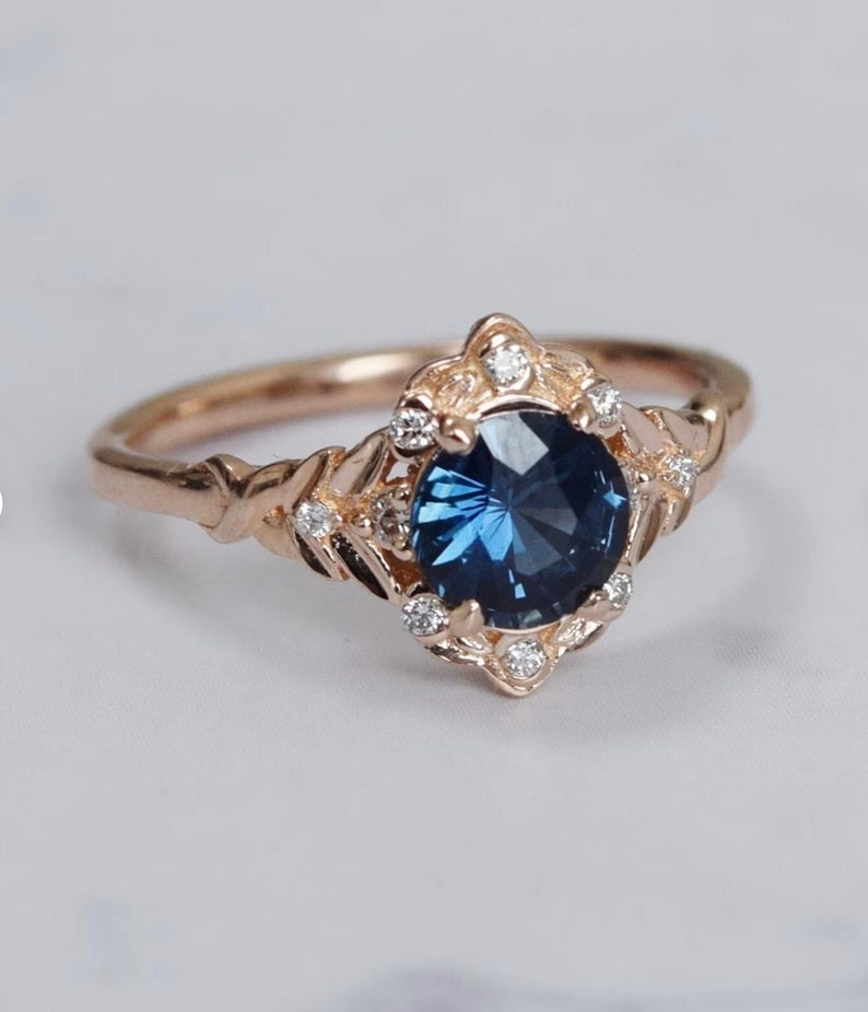 Vintage inspired Blue Sapphire Engagement Ring Round Sapphire Ring 14k Rose Gold, Multi Stone Ring Unique Sapphire Ring Elegant Vintage Ring image 2