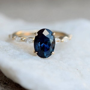 Peacock sapphire ring. Blue green sapphire engagement ring. Peacock blue sapphire oval diamond ring. Godivah ring. Yellow gold ring. image 2