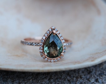 Rose Gold Engagement Ring Green Tea Sapphire pear cut halo engagement ring 14k rose gold.