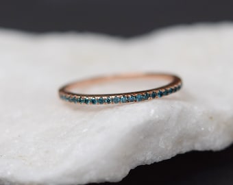 Peacock Wedding Band. Teal diamond Stackable Band. Blue green diamond band.