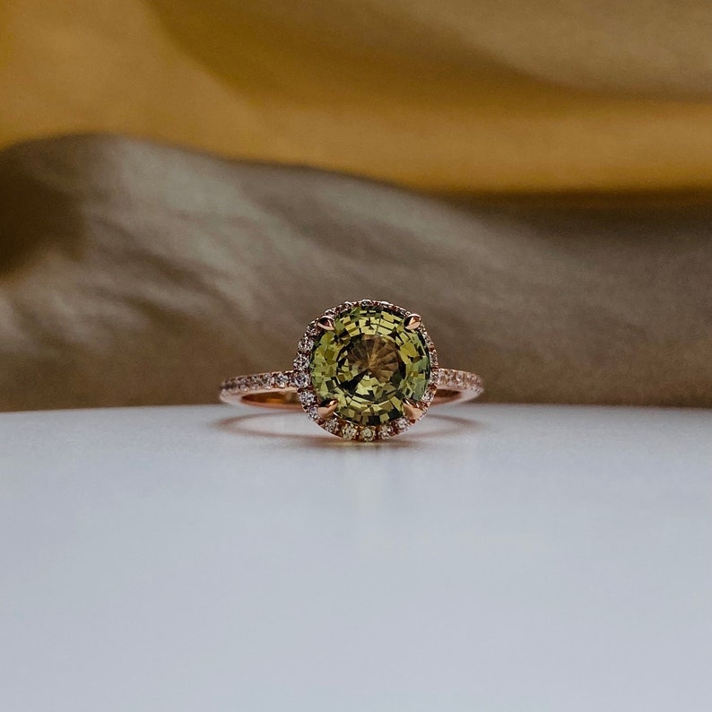 Olive green sapphire ring Round halo engagement ring rose gold Classic engagement ring with natural green sapphire diamonds Eidelprecious image 2