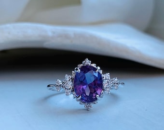 Dela 2ct Alexandrite Engagement Ring: 14k White Gold Whimsical Moissanite Ring