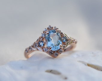 Antique filigree aquamarine engagement ring 14k rose Gold Cluster gemstone ring Romantic engagement ring with aquamarine and diamonds