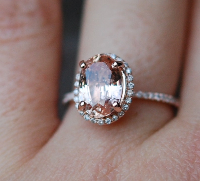 Peach Sapphire Engagement Ring 14k Rose Gold Diamond Ring Etsy