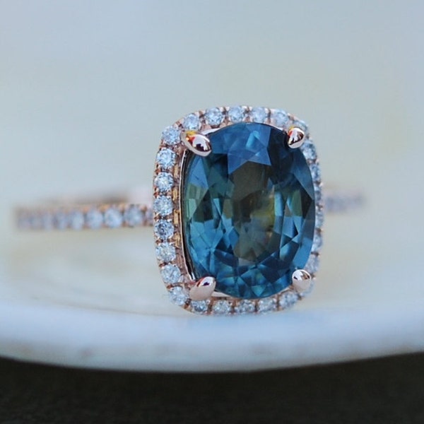 Blue Green sapphire engagement ring. Peacock sapphire 2.5ct cushion halo diamond  ring 14k Rose gold.