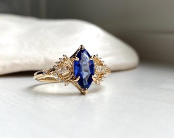 Butterfly Blue Sapphire Marquise Cut Unique Engagement Ring 14k Gold, Lab Diamonds