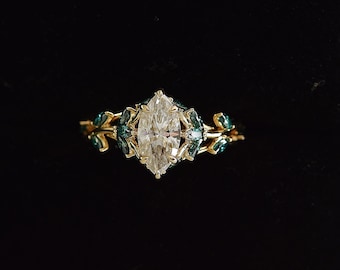 Vine moissanite ring in yellow gold. Unique Marquise engagement ring. OOAK ring. White and green moissanites cluster ring. Ready to ship!