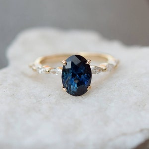 Peacock sapphire ring. Blue green sapphire engagement ring. Peacock blue sapphire oval diamond ring. Godivah ring. Yellow gold ring. image 8