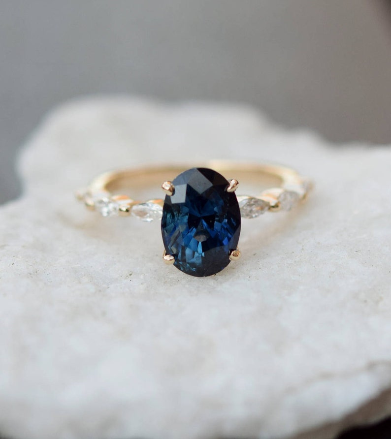 Peacock sapphire ring. Blue green sapphire engagement ring. Peacock blue sapphire oval diamond ring. Godivah ring. Yellow gold ring. image 8