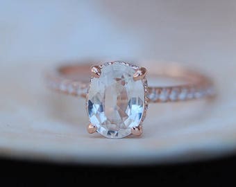 Blake Lively ring White Sapphire Engagement Ring oval cut 14k rose gold diamond ring 3.2ct Peach sapphire ring