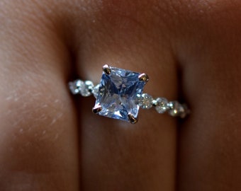 Ice Ceylon sapphire ring. White Gold Engagement Ring. Radiant cut engagement ring