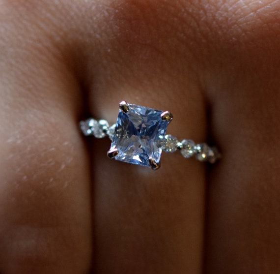 Ice Ceylon Sapphire Ring. White Gold Engagement Ring. Radiant Cut