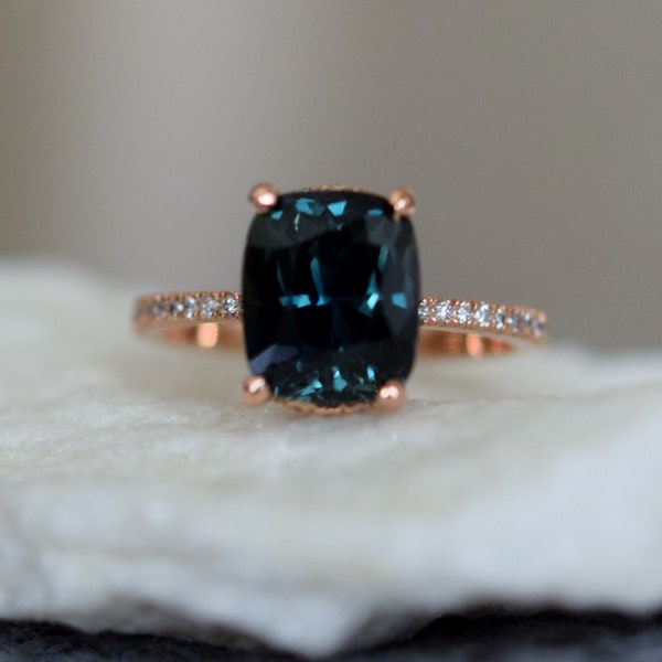 Teal sapphire engagement ring. Peacock blue green sapphire ring, cushion sapphire diamond ring 14k Rose gold.