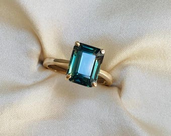 Emerald Green Sapphire Ring Gold. Solitaire Emerald Engagement Ring. Statement Sapphire Ring. Anniversary Ring. Right hand ring