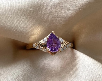 Aletta 2 Purple Sapphire Engagement Ring: Butterfly Wing Setting 14k gold, lab diamonds