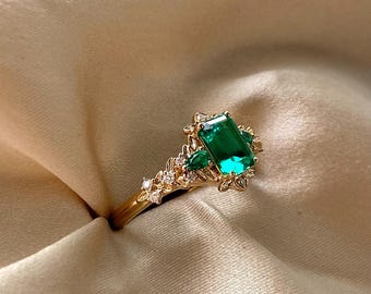 Arwen Emerald engagement ring gold. Enchanted Fantasy ring. 14k yellow Gold moissanite engagement ring. Unique promise ring by Eidelprecious