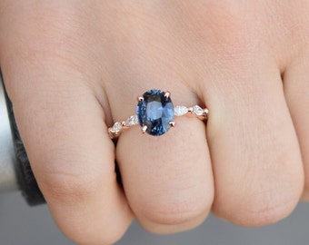 London Blue sapphire engagement ring. Peacock blue sapphire 3ct oval diamond  ring 14k Rose gold ring Godivah ring by Eidelprecious