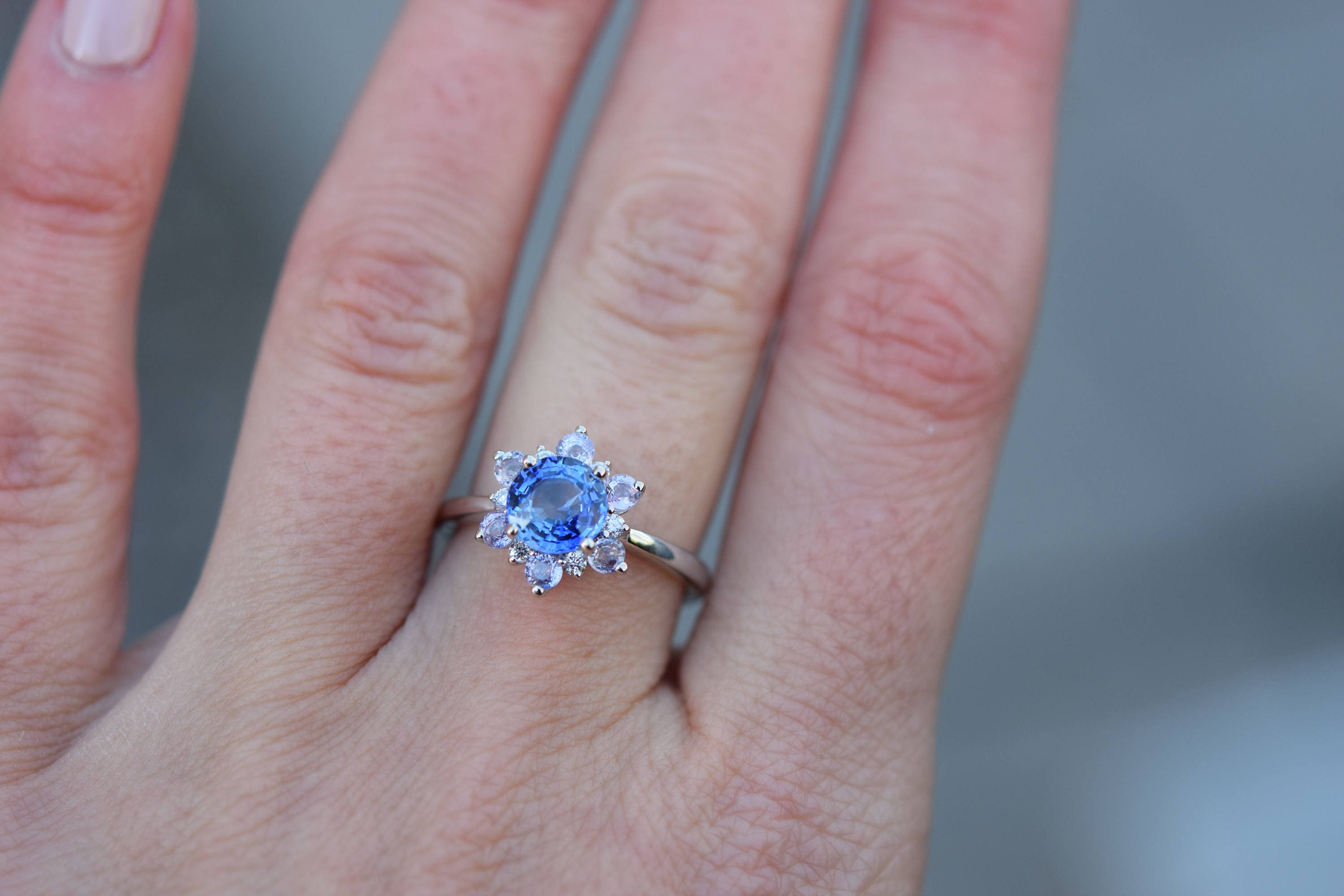 Blue Snowflake Engagement Ring. Blue Sapphire ring. Round Blue sapphire
