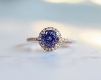 Round Tanzanite Ring. Circular halo tanzanite Engagement Ring 1.2ct Lavender Blue Tanzanite round cut engagement ring 14k rose gold