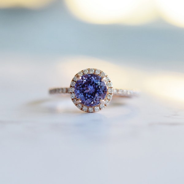 Round Tanzanite Ring. Circular halo tanzanite Engagement Ring 1.2ct Lavender Blue Tanzanite round cut engagement ring 14k rose gold