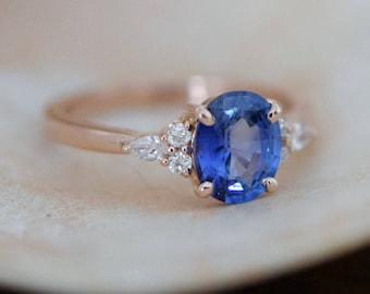 Rose gold sapphire ring. Oval blue sapphire ring. 2.3ct cornflower blue sapphire diamond ring 14k rose gold engagement ring by Eidelprecious