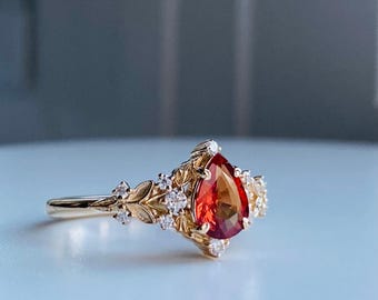 Greta Fiery Sapphire Elvish Engagement Ring Gold. Unique Fantasy Fairytale ring. Orange Red sapphire moissanite 14k gold ring Eidelprecious